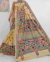Off - White Kantha Stitch Bangalore Silk Saree with Multicolor Design - Festive - Saree - Aakritee - S10660